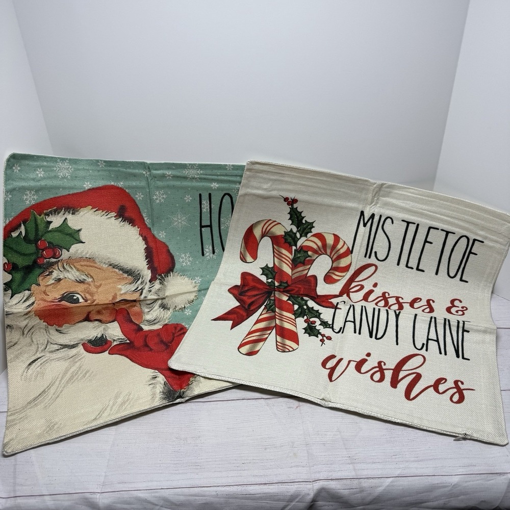 2 Vintage Style Christmas 18" x 18" Throw Pillow Covers - Santa Candy Cane